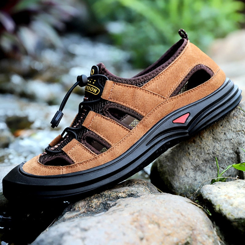 ZUNYU New Men Leather&Mesh Outdoor Sandals 2019 Summer Men Breathable Casual Shoes Footwear Walking Beach Sandals Water Sneakers