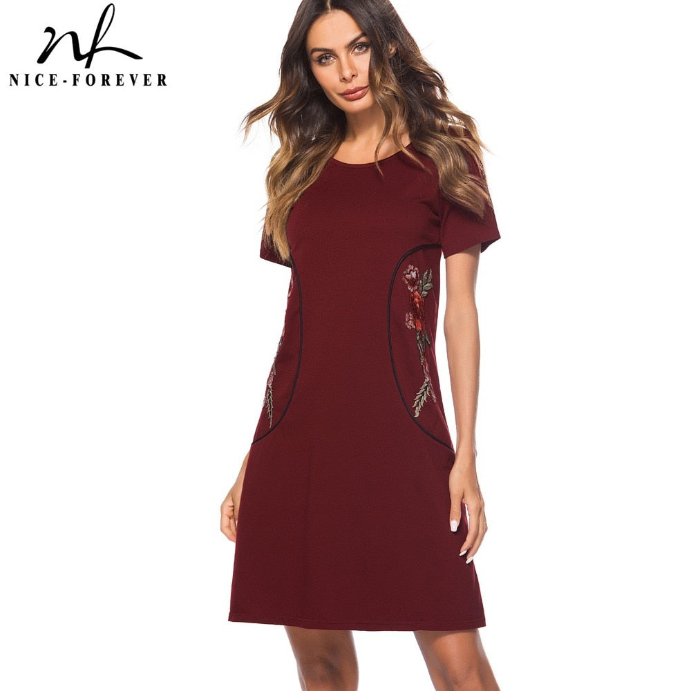Nice-forever Causal Rockabilly Round Neck Embroidery vestidos Short Sleeve Work Women Straight Shift Dress T034