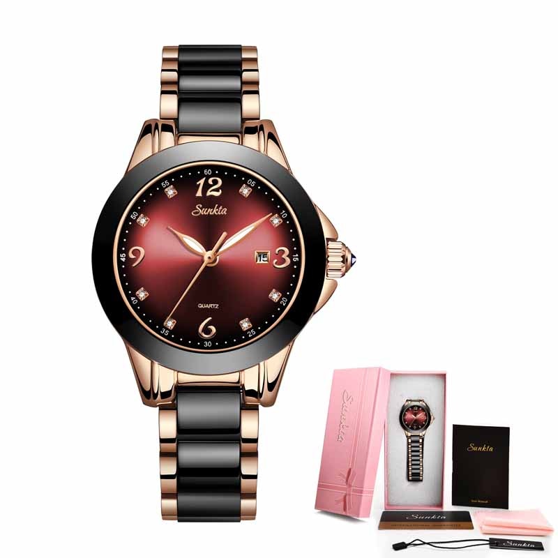 Women's Watches SUNKTA Ladies Quartz Watch Fashion Waterproof Ceramic Stainless Steel Band Watch Black Gold Wrist Watch+Box