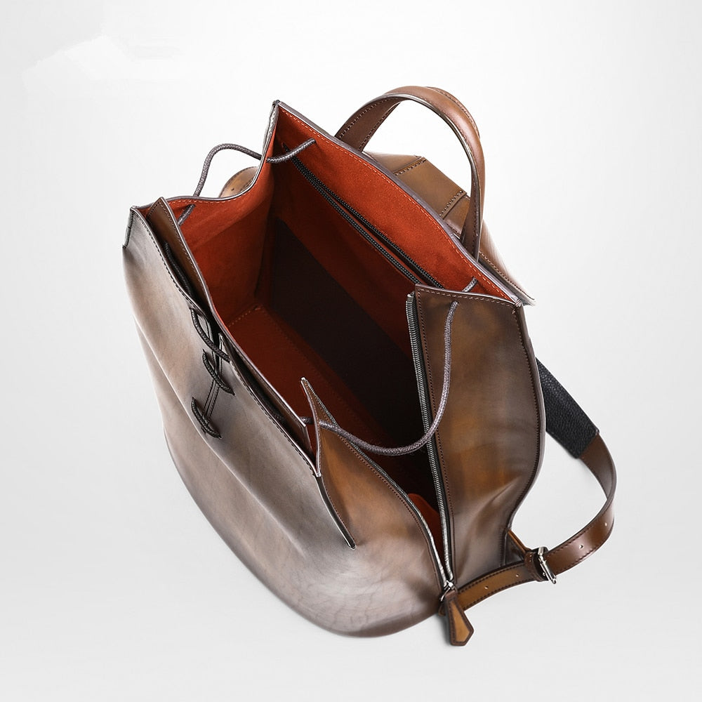 Men's Handmade Patina Calfskin Backpack Italian Luxury Brand Printing Vintage 15 Inch Laptop Genuine Leather Backpacks Mochila