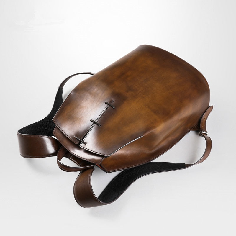 Men's Handmade Patina Calfskin Backpack Italian Luxury Brand Printing Vintage 15 Inch Laptop Genuine Leather Backpacks Mochila