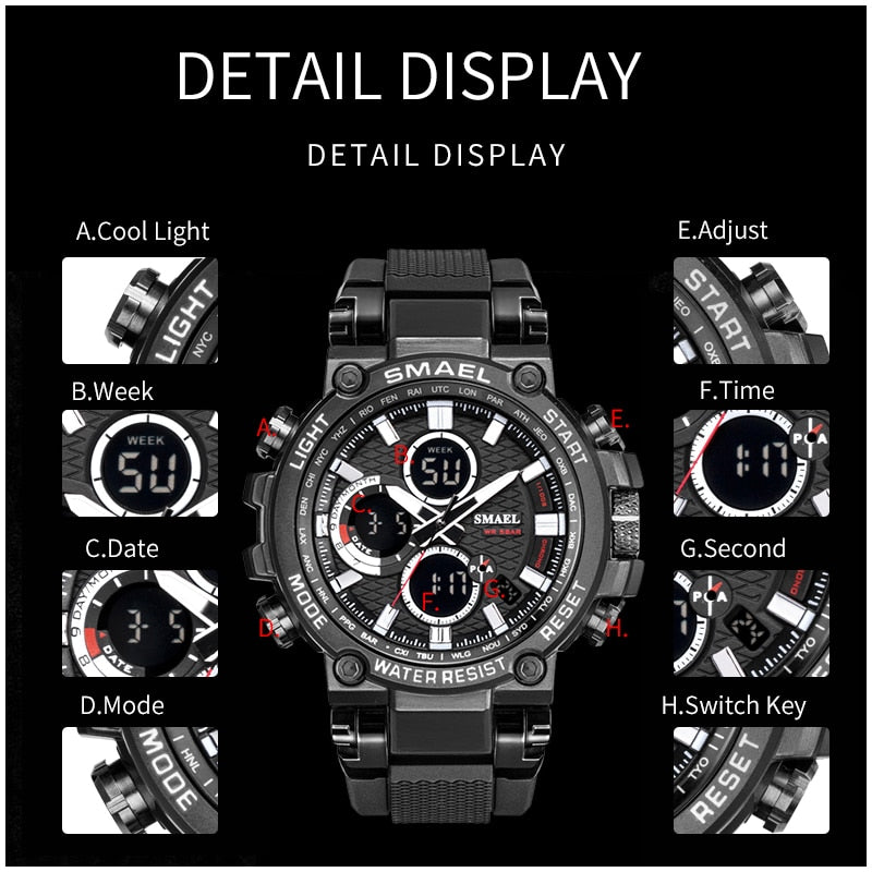 SMAEL Sports Men Watch Mens Analog Quartz Watches Man LED Digital Waterproof Military Wristwatch Male Clock Relogio Masculino