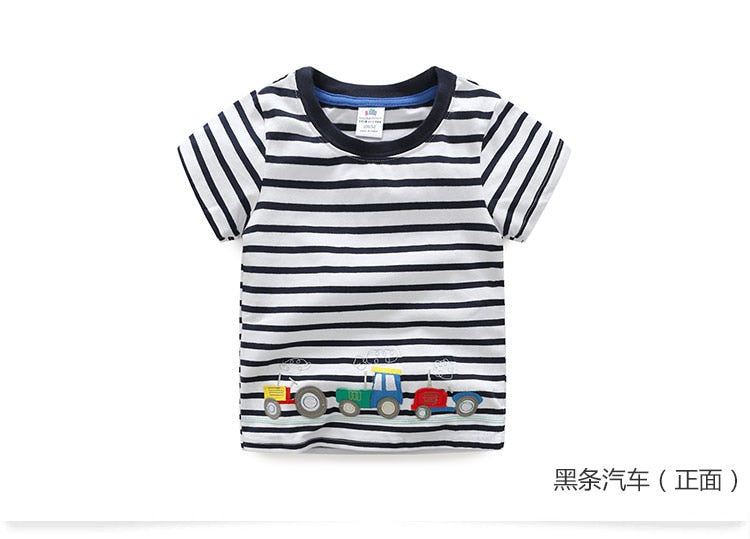 2023 Summer 2-10T Children'S Birthday Clothing Dinosaur Car Striped Print Short Sleeve Basic Tops Cartoon T-Shirt For Kids Boy