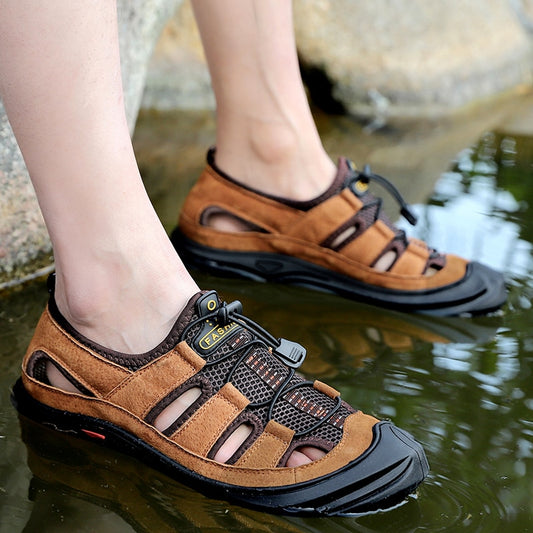 ZUNYU New Men Leather&Mesh Outdoor Sandals 2019 Summer Men Breathable Casual Shoes Footwear Walking Beach Sandals Water Sneakers