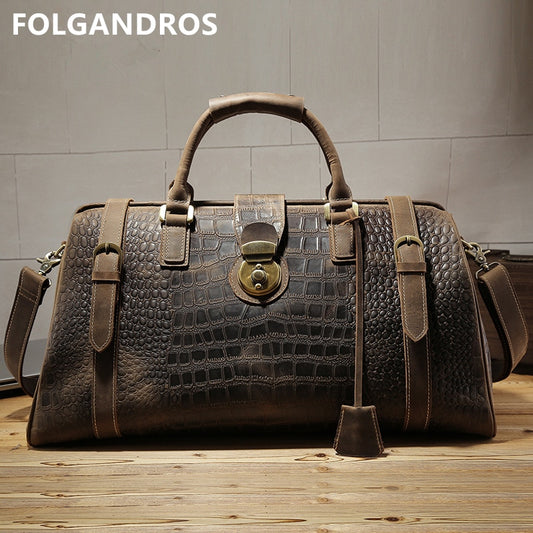 Men's Travel Duffle Bag Genuine Leather Crocodile Pattern Large Capacity Lock Male Travel Business Bag Crazy Horse Leather Totes
