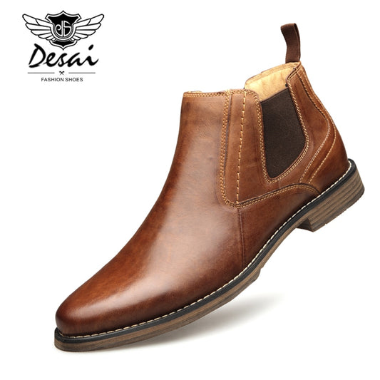 DESAI Genuine Leather Men's Boots Vintage Style High-Cut Lace-Up Shoes Men Fashion Casual Brogue High Boots EUR Size 8-12