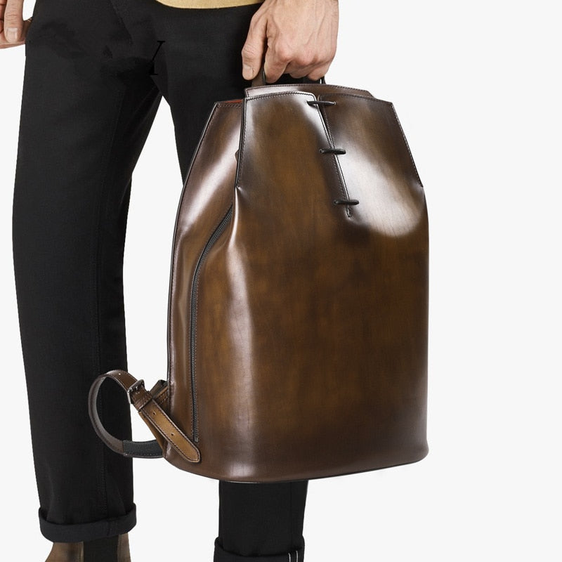 Men's Handmade Patina Calfskin Backpack Italian Luxury Brand Printing Vintage 15 Inch Laptop Genuine Leather Backpacks Mochila