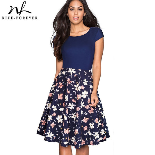 Nice-forever Retro 1950's Floral and Gird Printed O Neck vestidos  A-Line Female Flare Party Women Summer Dress btyA009