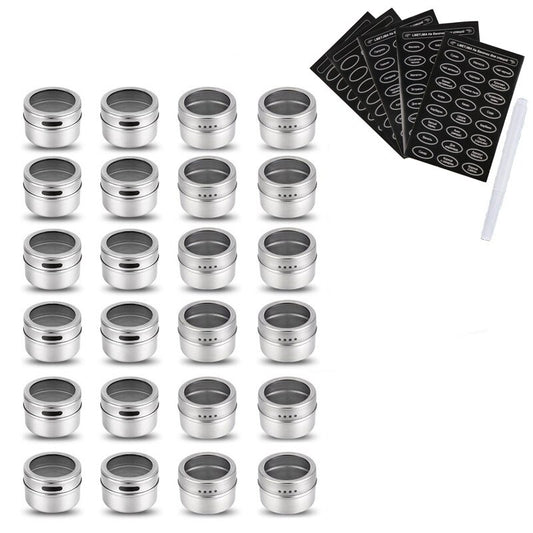 LMETJMA Magnetic Spice Jars With Russian Spice Labels Stainless Steel Magnetic Spice Tins Set Magnetic on Refrigerator KC0241