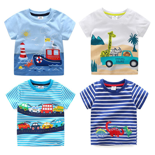 2023 Summer 2-10T Children'S Birthday Clothing Dinosaur Car Striped Print Short Sleeve Basic Tops Cartoon T-Shirt For Kids Boy