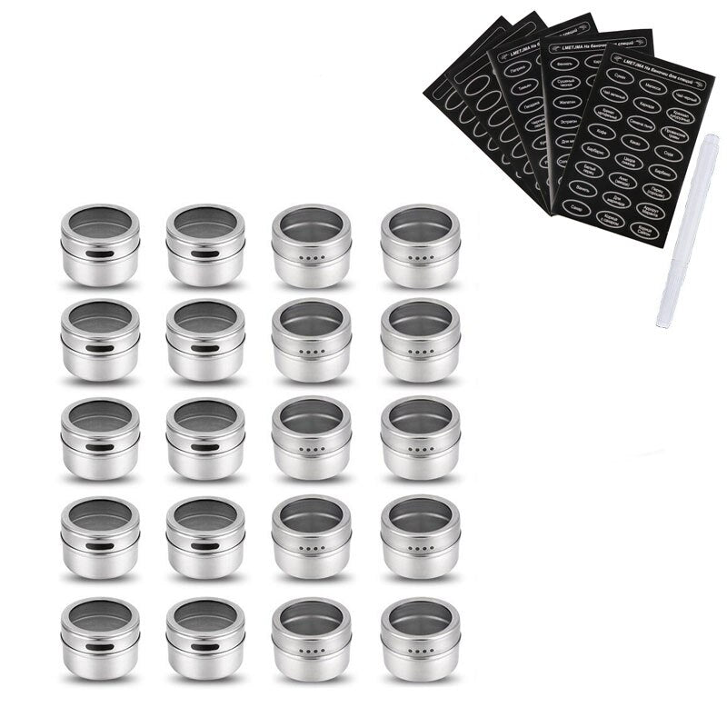 LMETJMA Magnetic Spice Jars With Russian Spice Labels Stainless Steel Magnetic Spice Tins Set Magnetic on Refrigerator KC0241