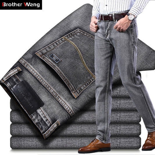 New Men Stretch Regular Fit Jeans| Best Business Casual Classic Style Fashion Denim Trousers| Male Black Blue Gray Pants www.chishtismart.com