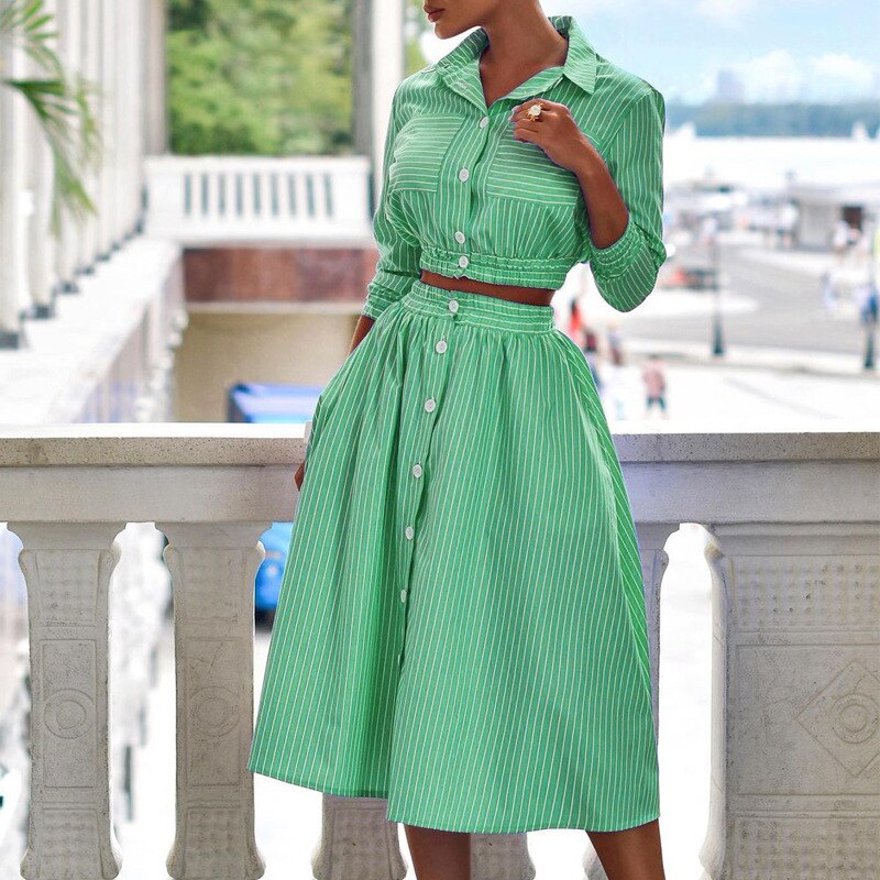 Fashion Striped Print Outfits WomenTurn-down Collar Button Crop Top + A-line Skirts Two Piece Suit Autumn Casual Woman Suit's