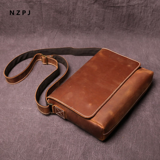 NZPJ Men's Retro Leather Shoulder Bag Crazy-Horse Leather Horizontal Crossbody Bag Top Layer Leather Casual Ipad Bad
