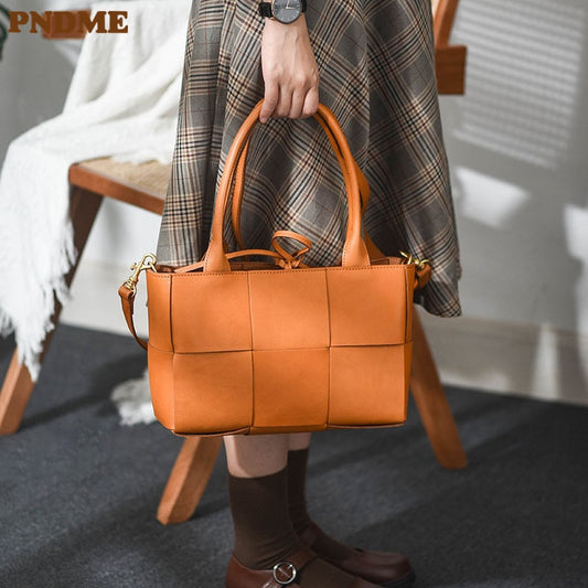 PNDME fashion designer natural genuine leather stitching ladies tote bag shopping work luxury real cowhide women's shoulder bag