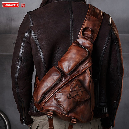 Genuine Leather Men's Triangle Chest Bag Retro Men Shoulder Slung Bag B6 Paratroopers Vintage Large Capacity Soft Casual bags