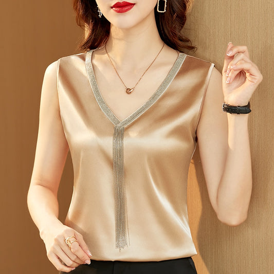 Fashion Crop Top Women V-neck Tassel Women's T-shirt Solid Vest Ladies Tops Summer Tank Top Chiffon Blouse White Woman Clothes