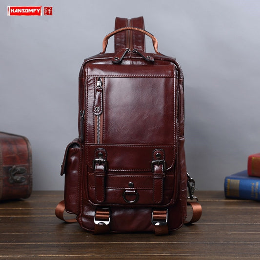 Genuine Leather Men's Bag Leather Backpack Men Chest Bag Small Casual Shoulder Bags Male Vintage Small Backpacks Cow Leather