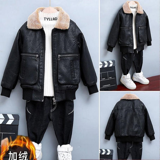 Children's Clothing Boys Coat Autumn Winter Lapel Plus Velvet Thick Leather Jacket For Boys Child Outwear PU Jacket Kids Tops