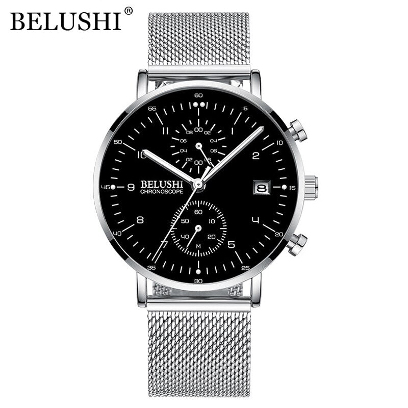 BELUSHI Fashion Men's Watches Top Brand Luxury Ultra-Thin Mesh Steel Sport Quartz Watch Men Waterproof Clock Relogio Masculino