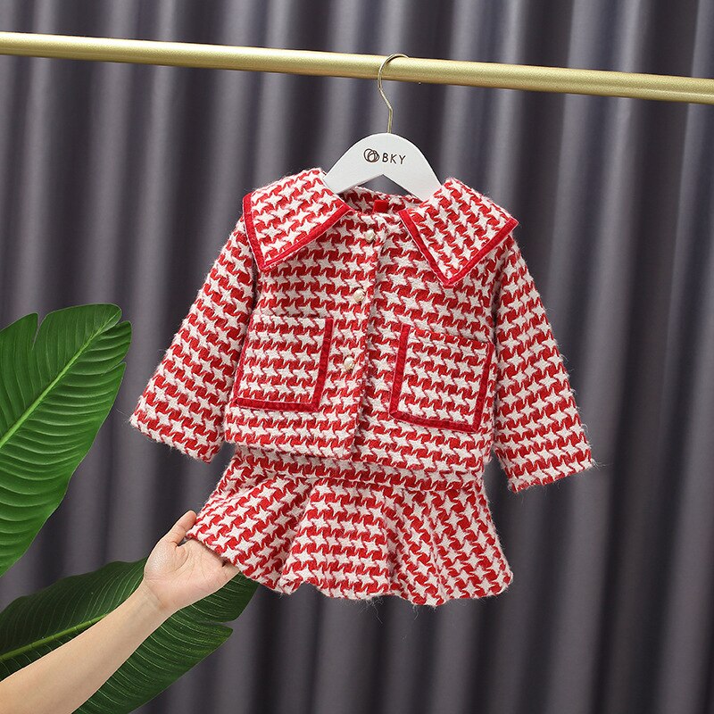 2022 Winter Baby Sweet Princess Dress Two-piece Suit Plus Velvet Vest Dress Woolen Plaid Jacket Set For 1-6 Year Girls Outwear