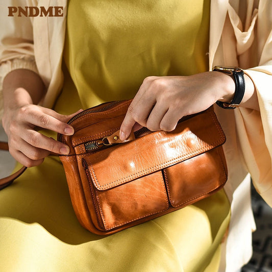 PNDME fashion luxury natural genuine leather ladies party messenger bag outdoor weekend daily real cowhide women's shoulder bag