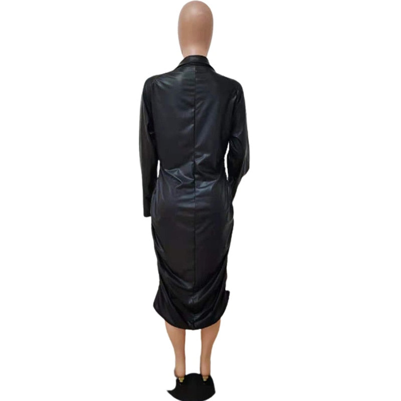Plus Size Dresses Zipper Sexy Black Dress Clubwear Stretchy Leather Long Sleeve Midi Dress Bodycon Wholesale Dropshipping