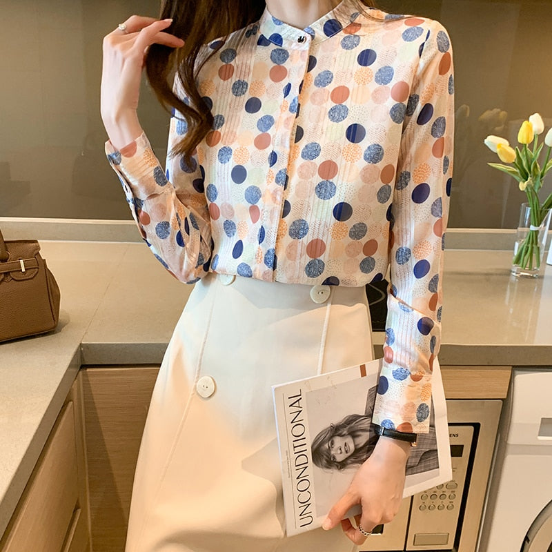 Korean Women Shirts Chiffon Blouses Women Long Sleeve Shirt Woman Polka Dot Shirts Top Ladies Print Blouse Tops Fashion Shirt