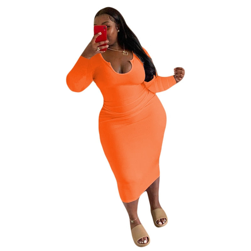 Plus Size Women Clothing O-Neck Solid Midi Dress Bodycon Sexy Fall Elegant Long Sleeve Dresses Party Wholesale Dropshipping