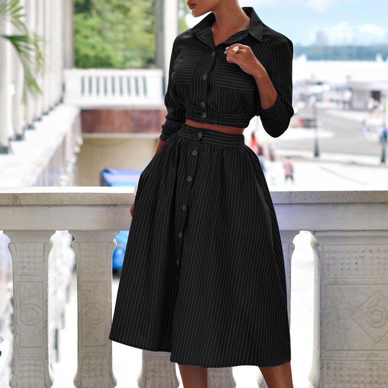 Fashion Striped Print Outfits WomenTurn-down Collar Button Crop Top + A-line Skirts Two Piece Suit Autumn Casual Woman Suit's