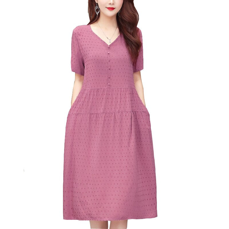 New Fashion Casual Style 2023 Summer Dresses For Women V-neck Cotton Robe Femme Vintage A-line Solid Dress Women Clothing
