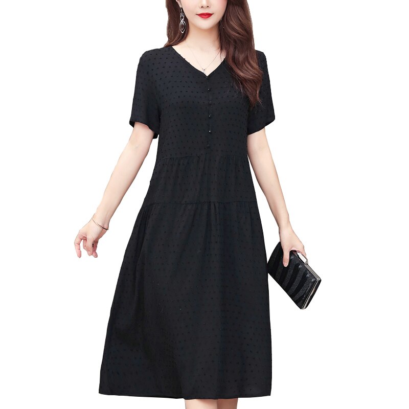 New Fashion Casual Style 2023 Summer Dresses For Women V-neck Cotton Robe Femme Vintage A-line Solid Dress Women Clothing