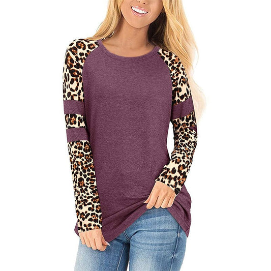 Autumn Patchwork Leopard Print T-shirts Women's Long Sleeve Top O-Neck Loose Pullover Tees Harajuku Vintage Basic Tshirt Female