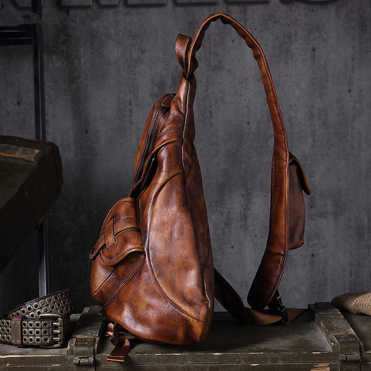 Genuine Leather Men's Triangle Chest Bag Retro Men Shoulder Slung Bag B6 Paratroopers Vintage Large Capacity Soft Casual bags