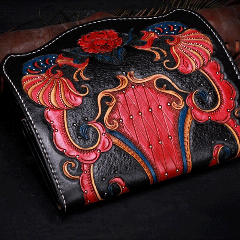 MOTAORA Ladies Handmade Carved Leather Vintage Women's Wallet Card Holder Floral Cowhide Purse Wallets Chinese Style Retro Bag