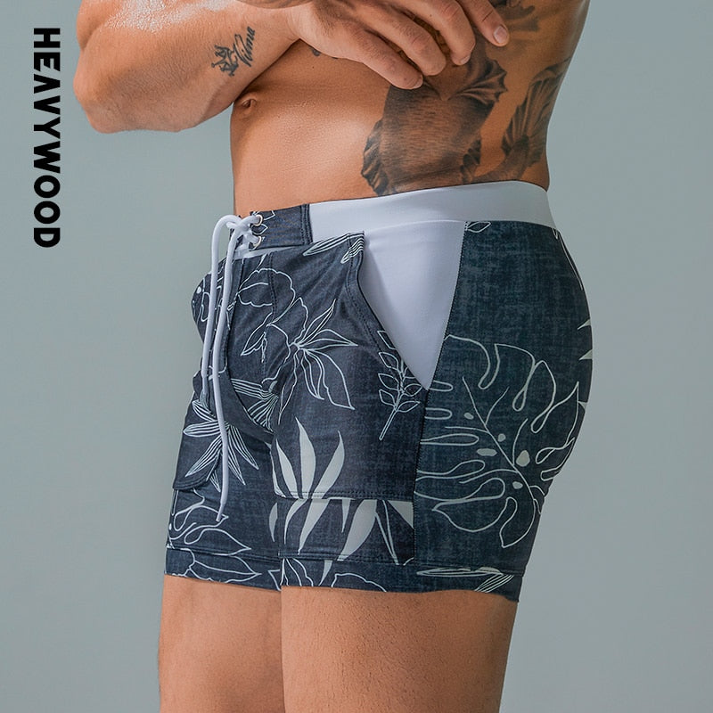 Heavywood Summer Men's Beach Swimming Trunks Drawstring Elastic Waist Swimsuit Shorts Man Plus Size Quick Drying Swimwear Shorts