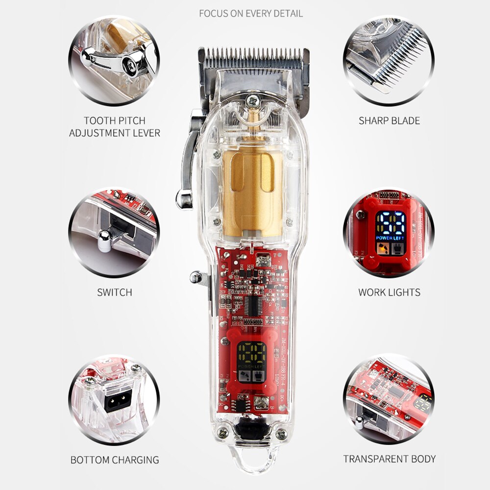 Professional Transparent Cover Hair Clippers New Model Rechargeable Cutting Machine Oil Head Trimmer 2 Set 1800mAh 3 Hours