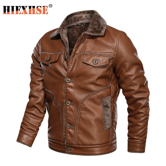 HIEXHSE Men Leather Jacket Winter Faux Leather Coat Parka Motorcycle Bike Bomber Jackets Male Fur Lining Coats 8XL Men's Cloting