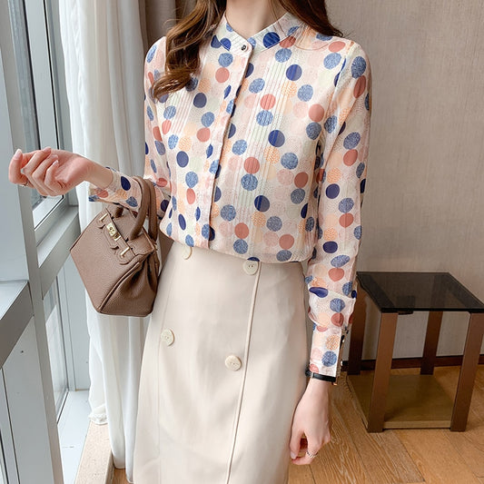 Korean Women Shirts Chiffon Blouses Women Long Sleeve Shirt Woman Polka Dot Shirts Top Ladies Print Blouse Tops Fashion Shirt