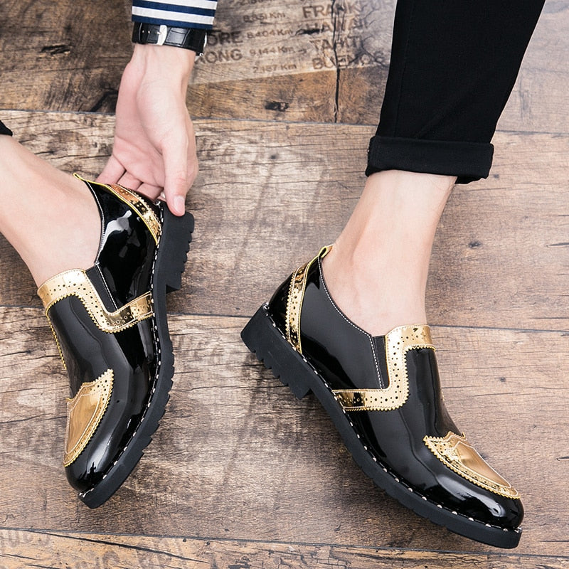 Platform leather shoes Casual Men Brogue Patent Leather Shoes Man lace up Oxford Dress Shoes Elevator Formal club party shoes