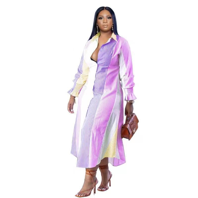 Plus Size Dresses Women Clothing Office Elegant Midi Dress Striped Ladies Long Sleeve Shirt Dress Dropshipping Wholesale