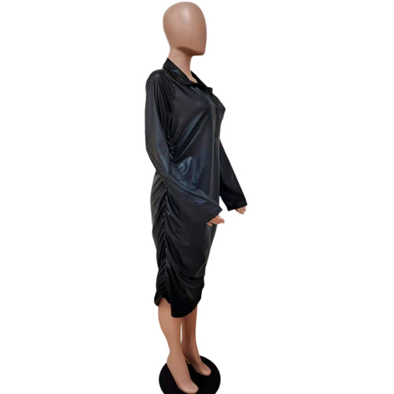 Plus Size Dresses Zipper Sexy Black Dress Clubwear Stretchy Leather Long Sleeve Midi Dress Bodycon Wholesale Dropshipping