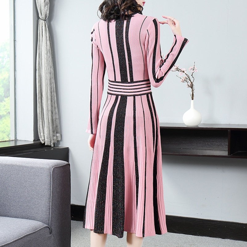 Dress 2019 autumn new color contrast pleated big swing dress autumn winter women's wear