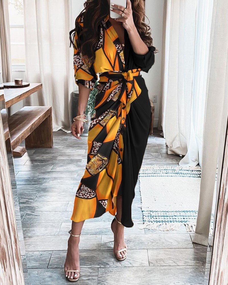 Striped Leopard Print Button Women's Dress Spring 2022 Elegantes Ankle Bandage Dress Half Sleeve Vintage Dress Shirt Beach Robe