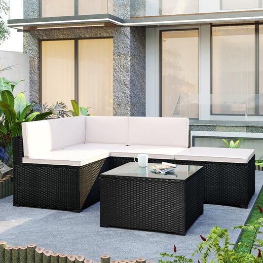 5-Piece Patio Rattan With 2 Sofa Chairs, 1 Corner Chair, 1 Ottoman And 1 Glass Coffee Table PE Wicker Furniture Corner Sofa Set