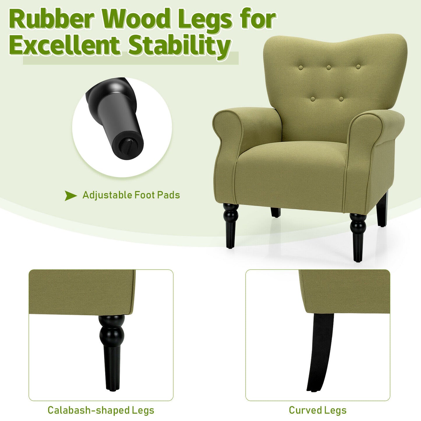 Giantex Modern Accent Chair w/ Tufted Backrest & Rubber Wood Legs Avocado HV10088