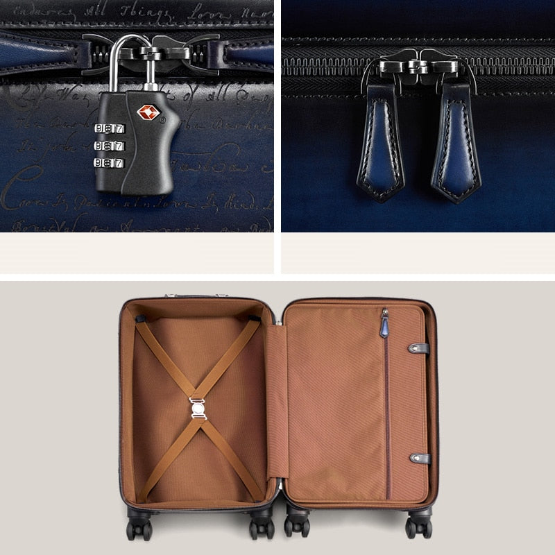 Italian Cowhide Leather Trolley Case Luxury Business Luggage 22" Genuine Leather Universal Wheel Password Boarding Soft Suitcase