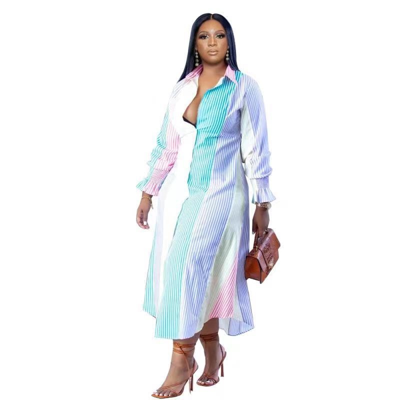 Plus Size Dresses Women Clothing Office Elegant Midi Dress Striped Ladies Long Sleeve Shirt Dress Dropshipping Wholesale