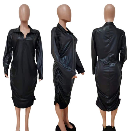 Plus Size Dresses Zipper Sexy Black Dress Clubwear Stretchy Leather Long Sleeve Midi Dress Bodycon Wholesale Dropshipping