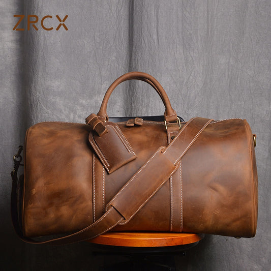 ZRCX Vintage Men's Hand Luggage Bag Travel Bag Geunine Leather Large Capacity Single Shoulder Messenger For 15 Inch Laptop